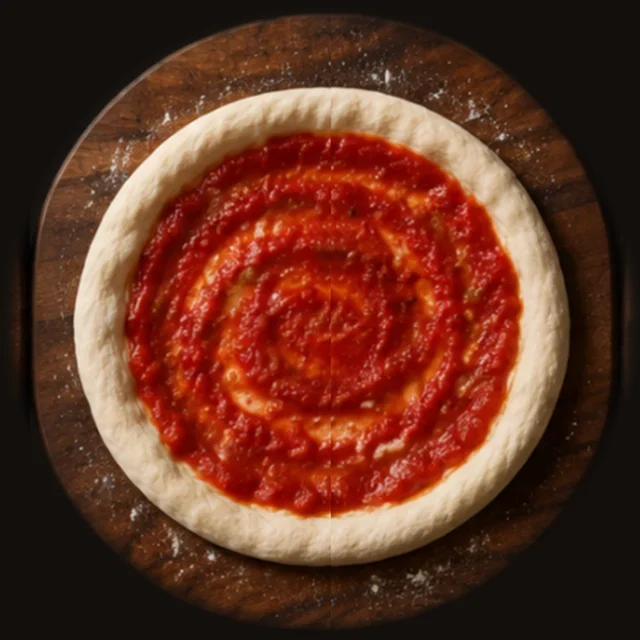 Tomato sauce spread on the base