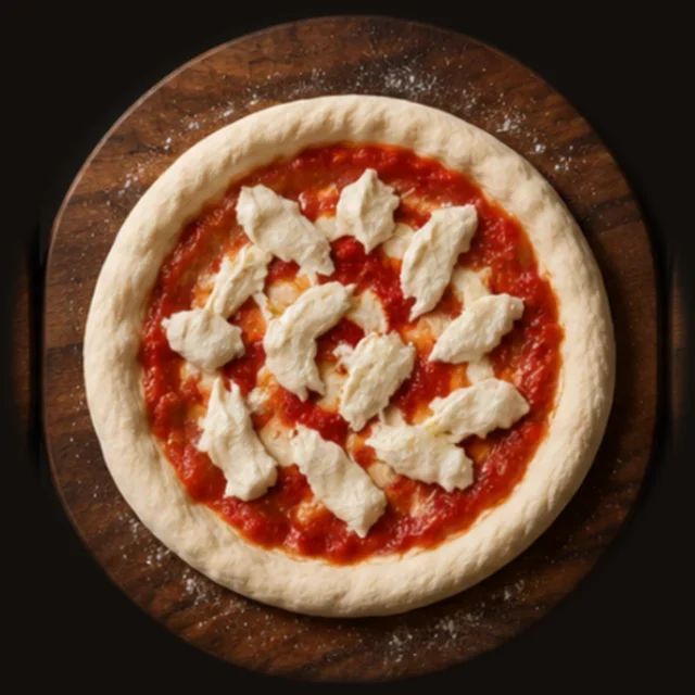 Torn mozzarella added on the tomato