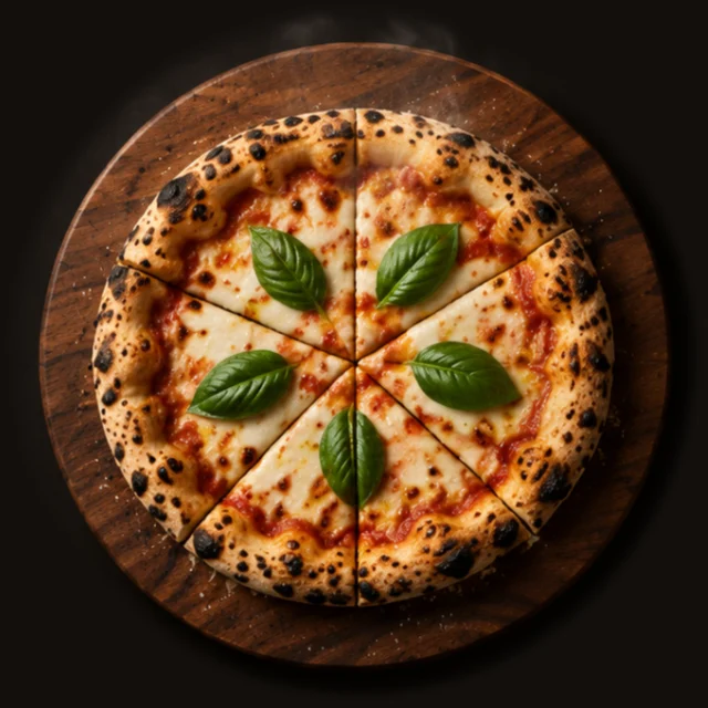 The margherita cut into eight slices, steaming