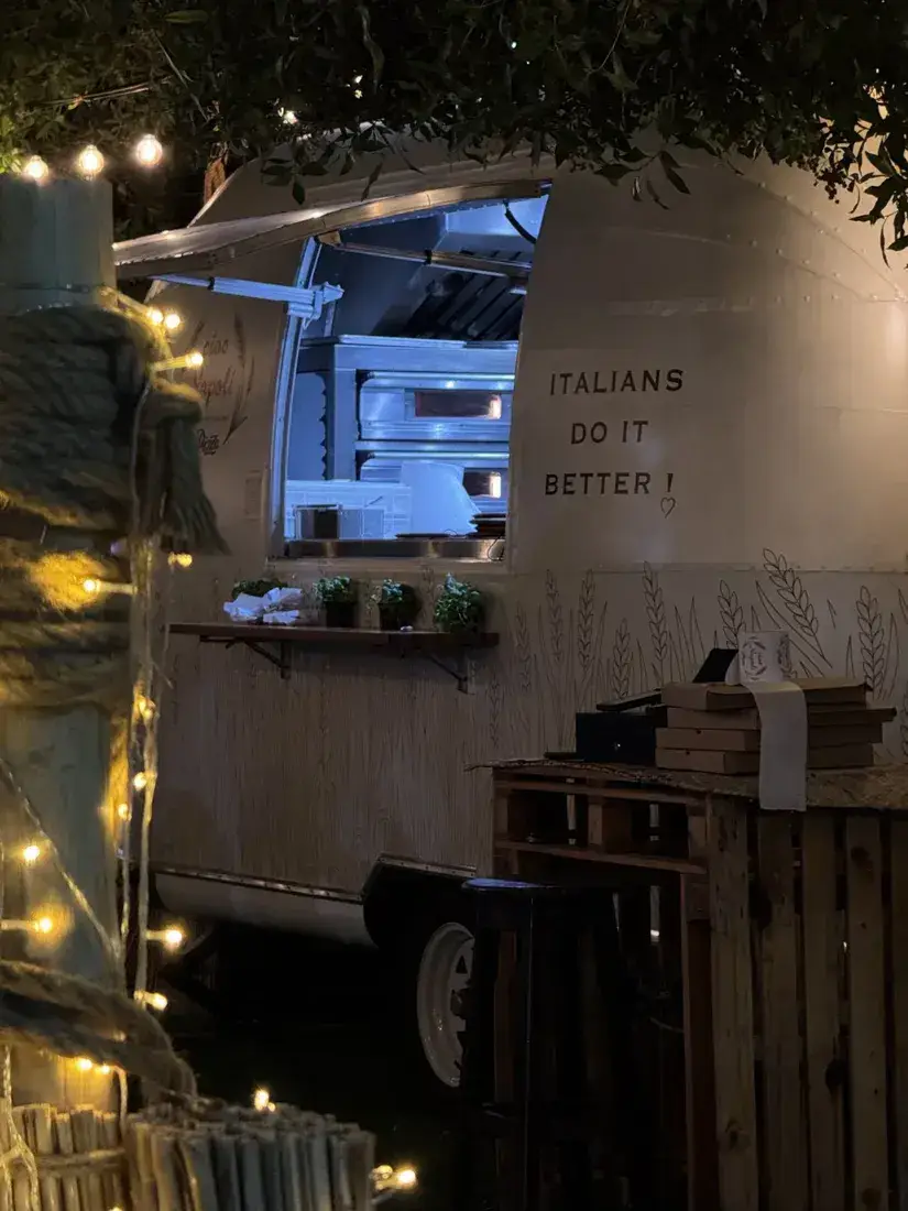 The truck window and string lights at night